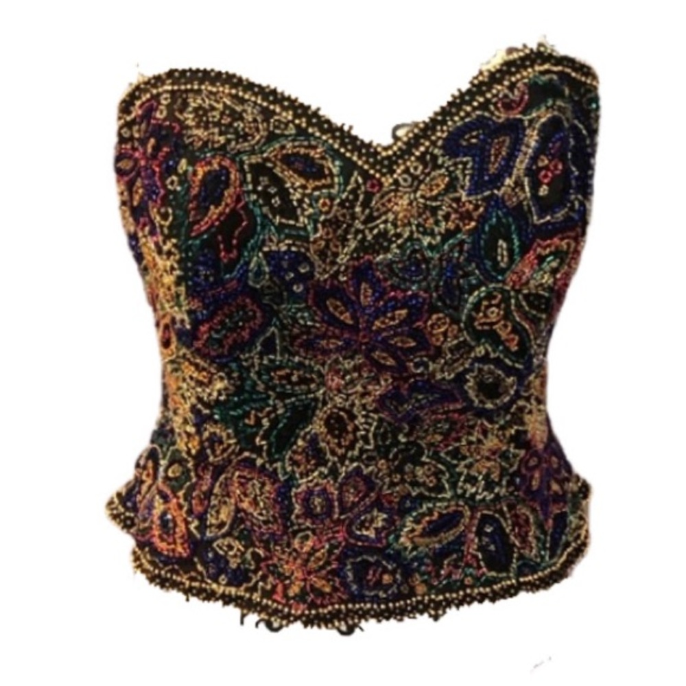 Vintage 1980s Oleg Cassini Black Tie Strapless Silk Bustier Top w Sequins